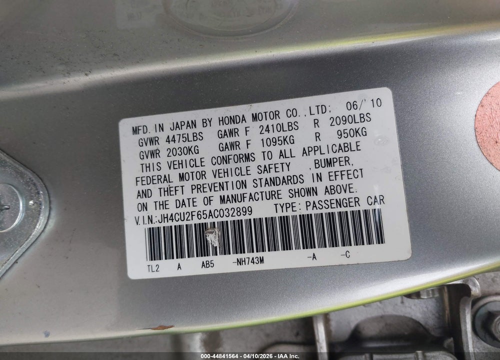 2010 ACURA TSX 2.4 VIN: JH4CU2F65AC032899