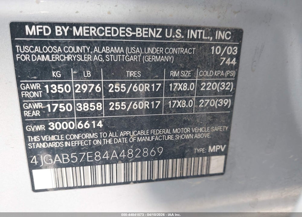 2004 MERCEDES-BENZ ML 350 4MATIC VIN: 4JGAB57E84A482869