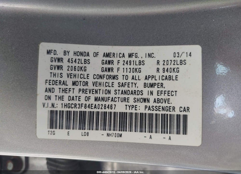 2014 HONDA ACCORD EX-L V-6 VIN: 1HGCR3F84EA028467