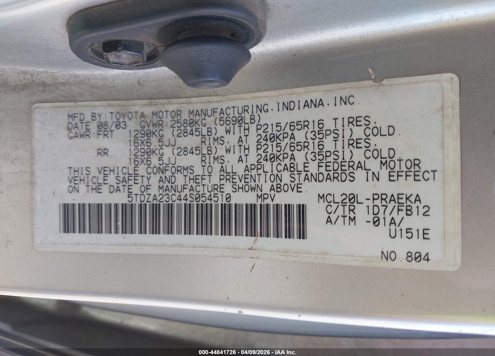 2004 TOYOTA SIENNA LE VIN: 5TDZA23C44S054510