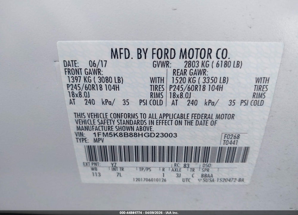 2017 FORD EXPLORER VIN: 1FM5K8B88HGD23003