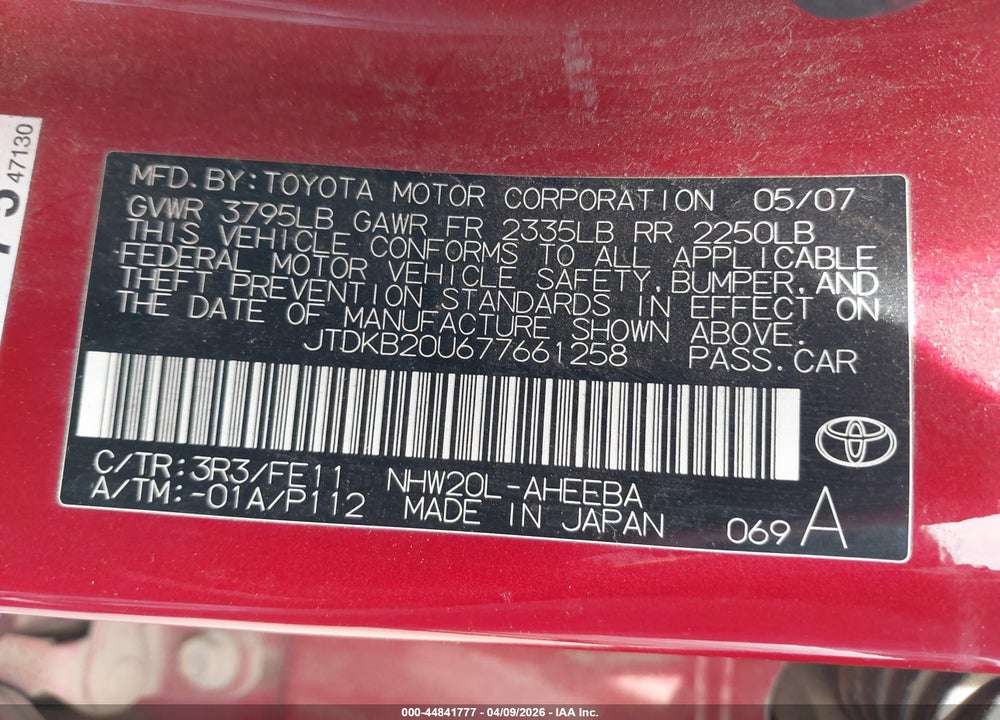 2007 TOYOTA PRIUS VIN: JTDKB20U677661258