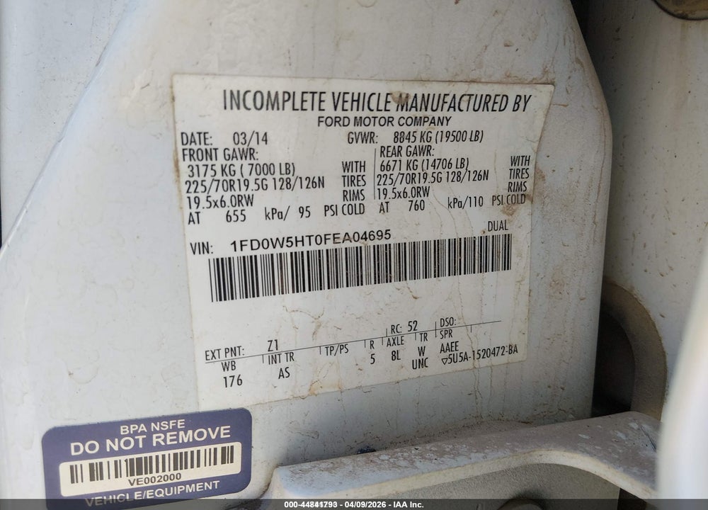 2015 FORD F-550 CHASSIS XL VIN: 1FD0W5HT0FEA04695