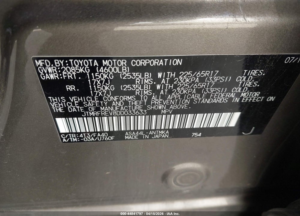 2013 TOYOTA RAV4 XLE VIN: JTMRFREV8DD033633