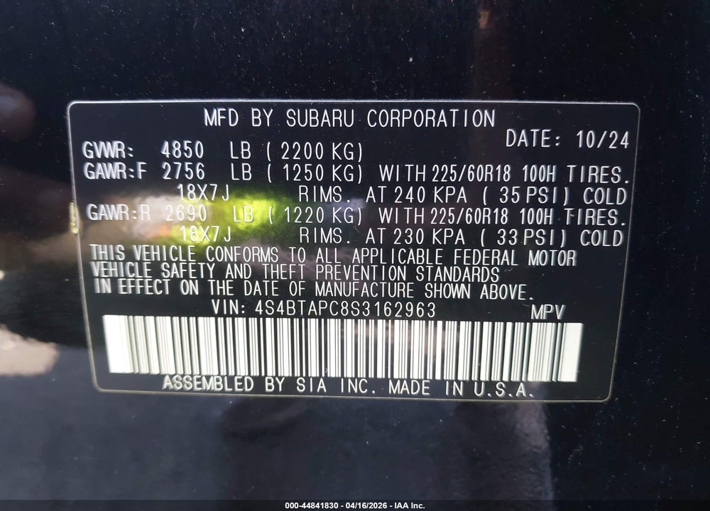 2025 SUBARU OUTBACK TOURING VIN: 4S4BTAPC8S3162963