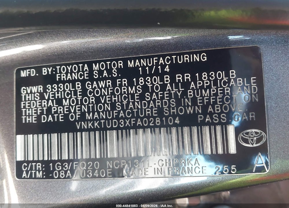 2015 TOYOTA YARIS L VIN: VNKKTUD3XFA028104