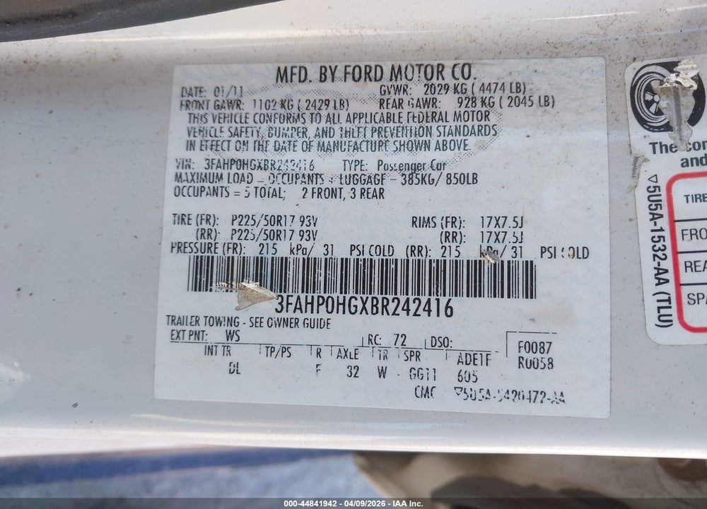 2011 FORD FUSION SE VIN: 3FAHP0HGXBR242416