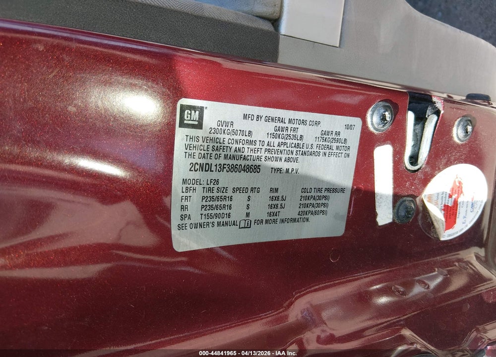 2008 CHEVROLET EQUINOX LS VIN: 2CNDL13F386048685