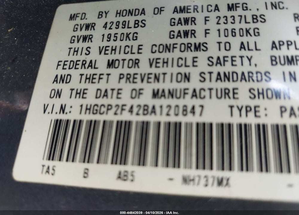 2011 HONDA ACCORD 2.4 LX-P VIN: 1HGCP2F42BA120847