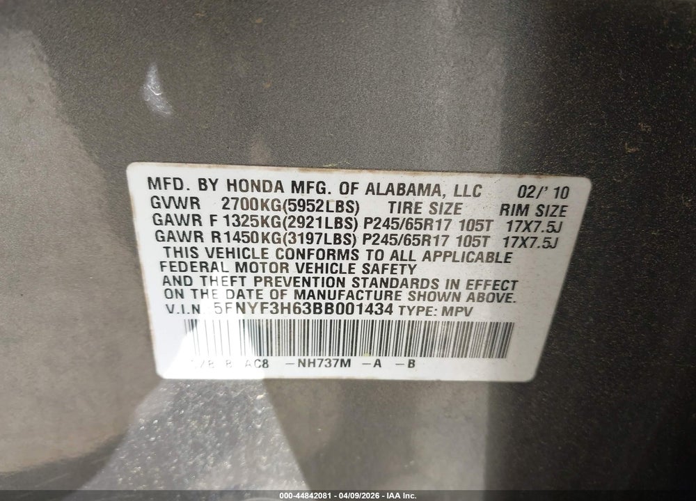 2011 HONDA PILOT EX-L VIN: 5FNYF3H63BB001434