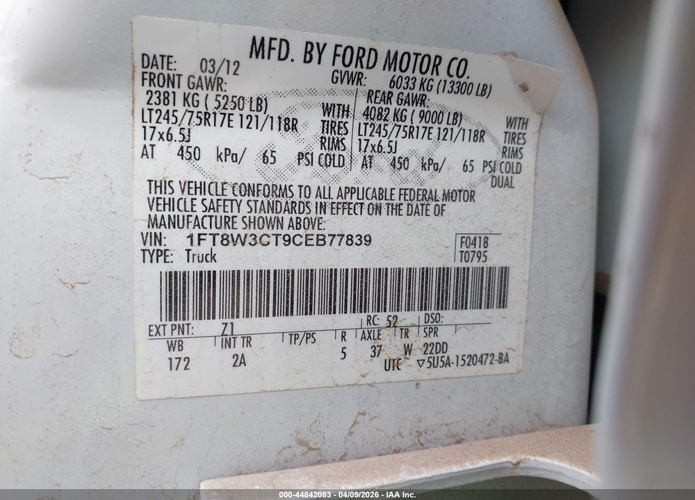 2012 FORD F-350 XLT VIN: 1FT8W3CT9CEB77839