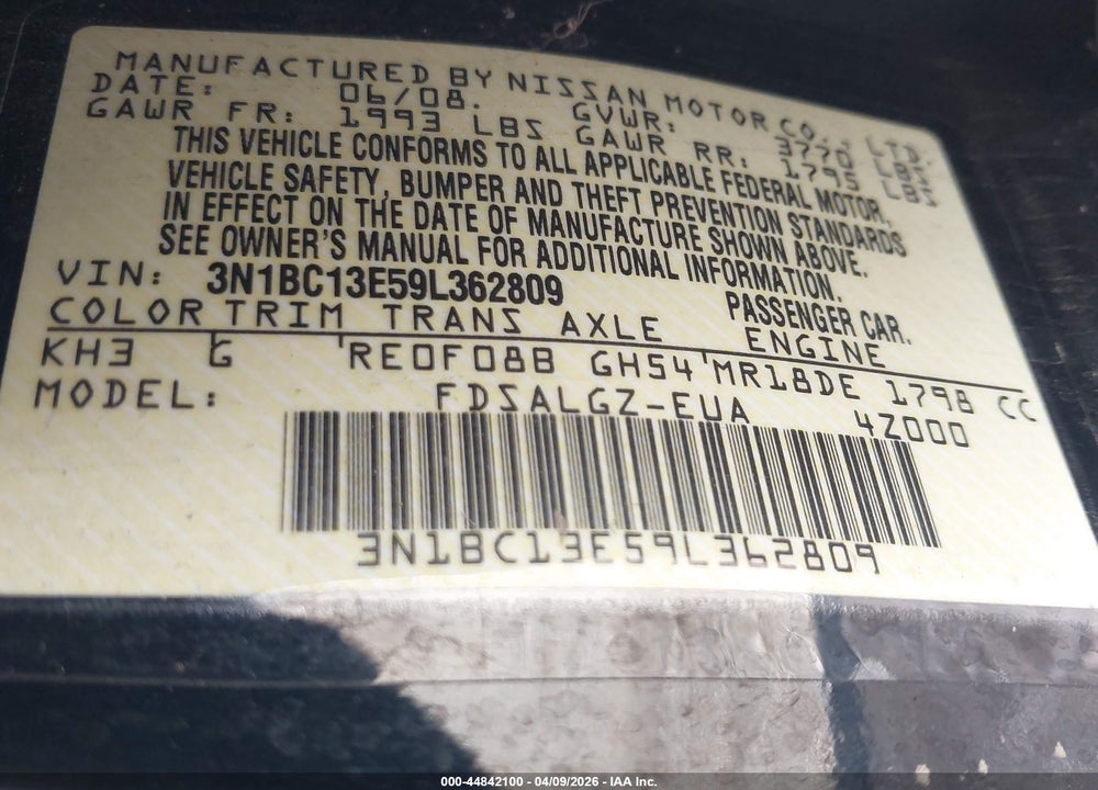 2009 NISSAN VERSA 1.8SL VIN: 3N1BC13E59L362809