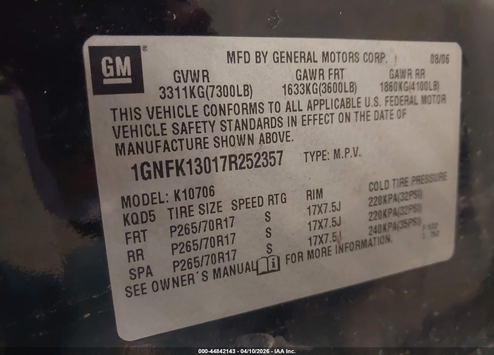 2007 CHEVROLET TAHOE LT VIN: 1GNFK13017R252357