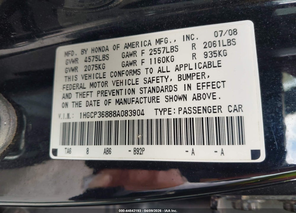 2008 HONDA ACCORD 3.5 EX-L VIN: 1HGCP36888A083904