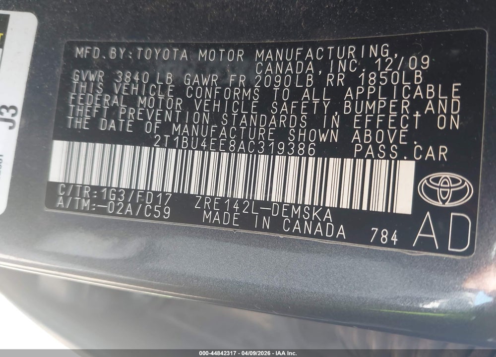 2010 TOYOTA COROLLA S VIN: 2T1BU4EE8AC319386