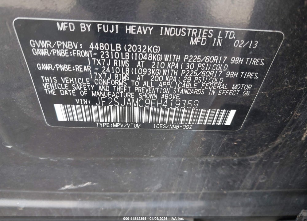 2014 SUBARU FORESTER 2.5I TOURING VIN: JF2SJAMC9EH419359
