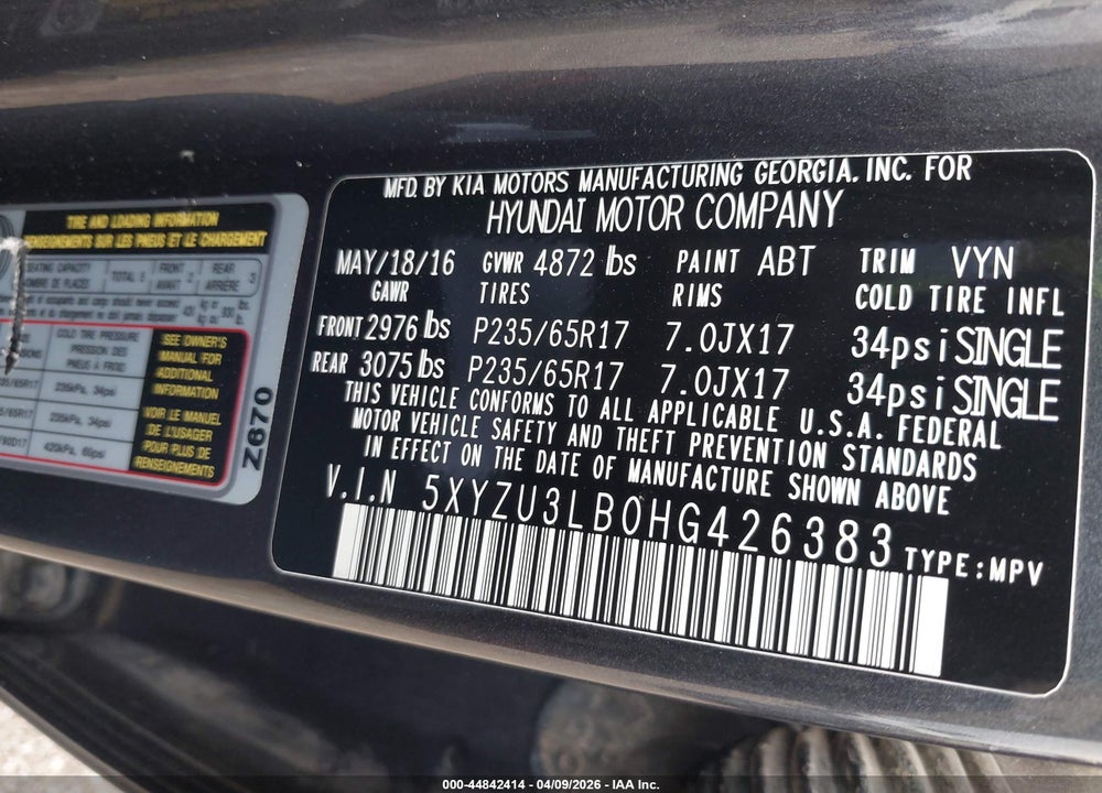 2017 HYUNDAI SANTA FE SPORT 2.4L VIN: 5XYZU3LB0HG426383
