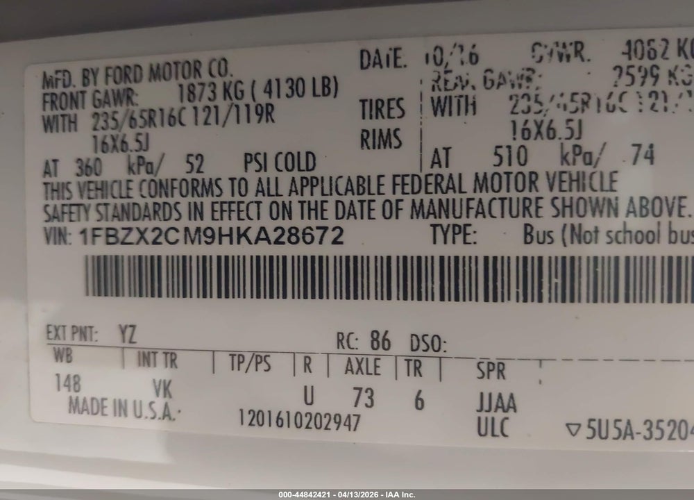 2017 FORD TRANSIT-350 XL VIN: 1FBZX2CM9HKA28672