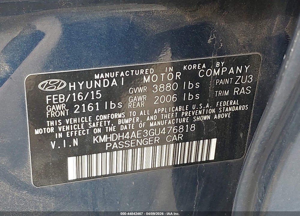 2016 HYUNDAI ELANTRA SE VIN: KMHDH4AE3GU476818