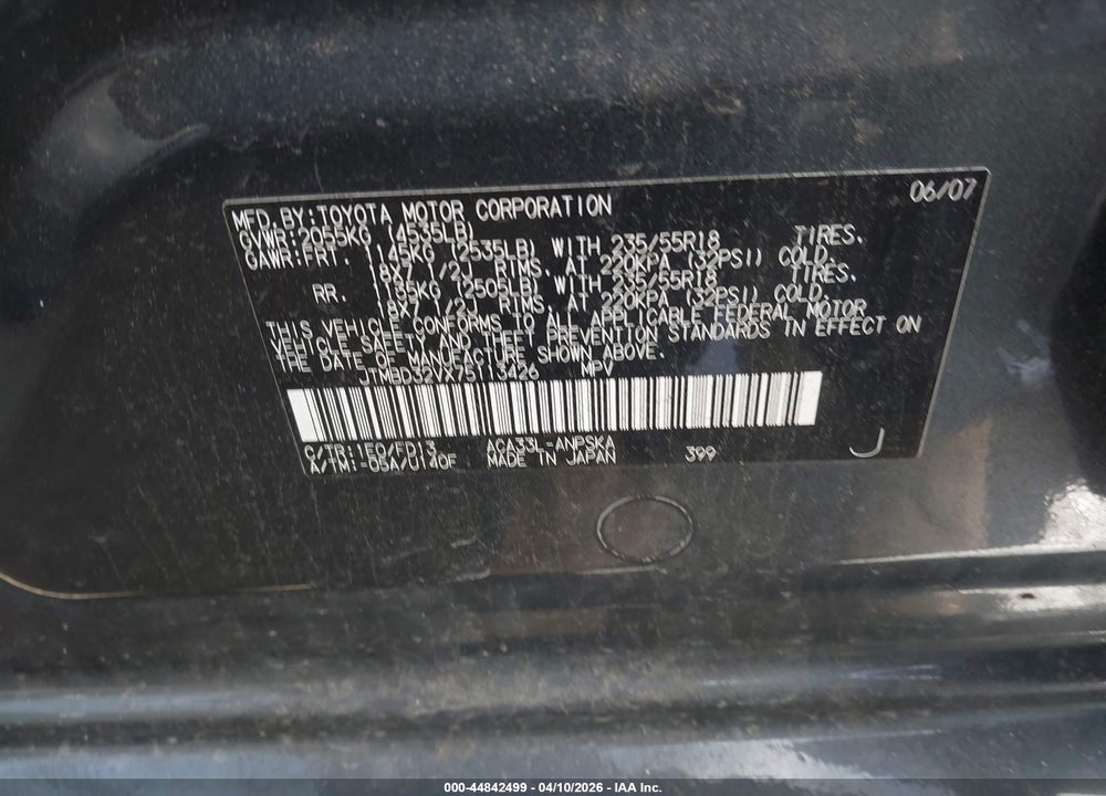 2007 TOYOTA RAV4 SPORT VIN: JTMBD32VX75113426