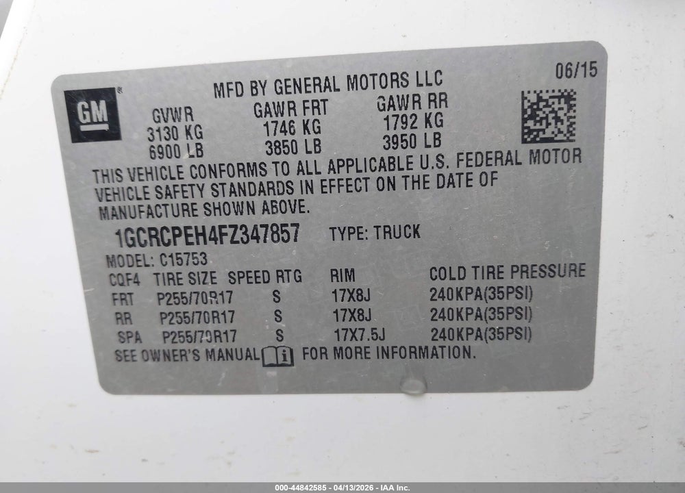 2015 CHEVROLET SILVERADO 1500 WT VIN: 1GCRCPEH4FZ347857