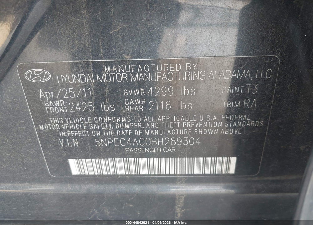 2011 HYUNDAI SONATA SE VIN: 5NPEC4AC0BH289304