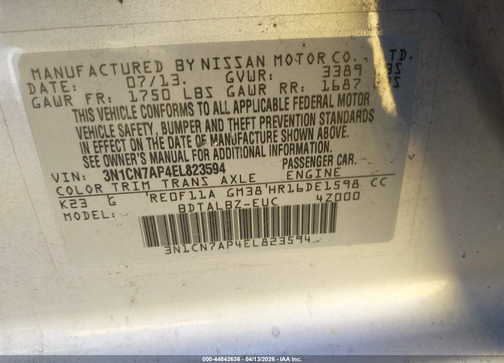 2014 NISSAN VERSA 1.6 SV VIN: 3N1CN7AP4EL823594