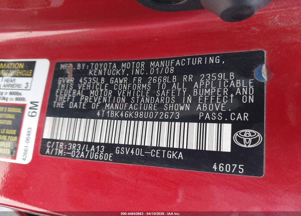 2008 TOYOTA CAMRY XLE V6 VIN: 4T1BK46K98U072673