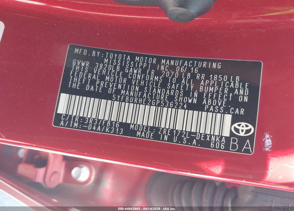 2016 TOYOTA COROLLA LE PLUS VIN: 5YFBURHE2GP536224