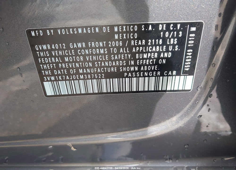 2014 VOLKSWAGEN JETTA 2.0L S VIN: 3VW1K7AJ0EM387522