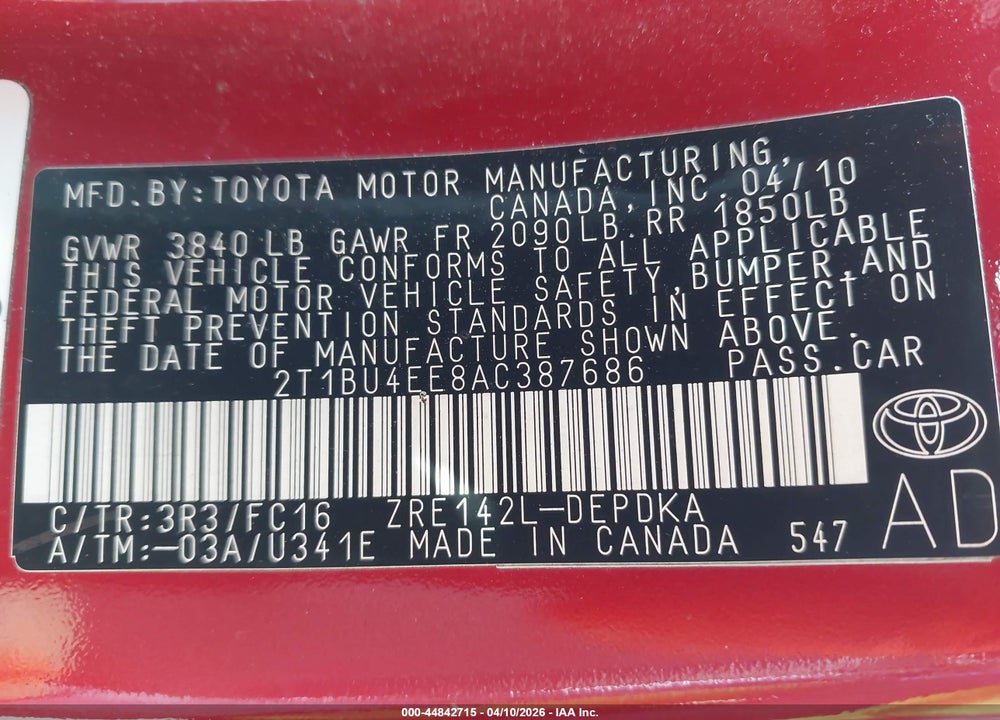 2010 TOYOTA COROLLA LE VIN: 2T1BU4EE8AC387686