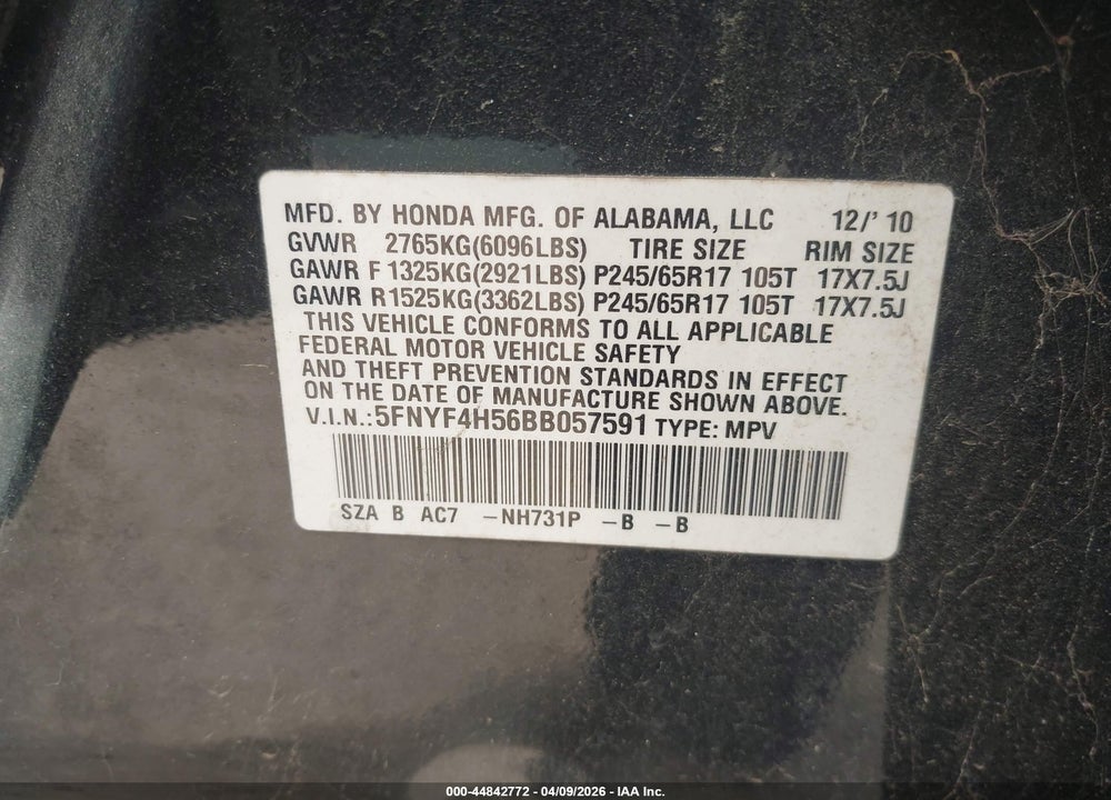 2011 HONDA PILOT EX-L VIN: 5FNYF4H56BB057591