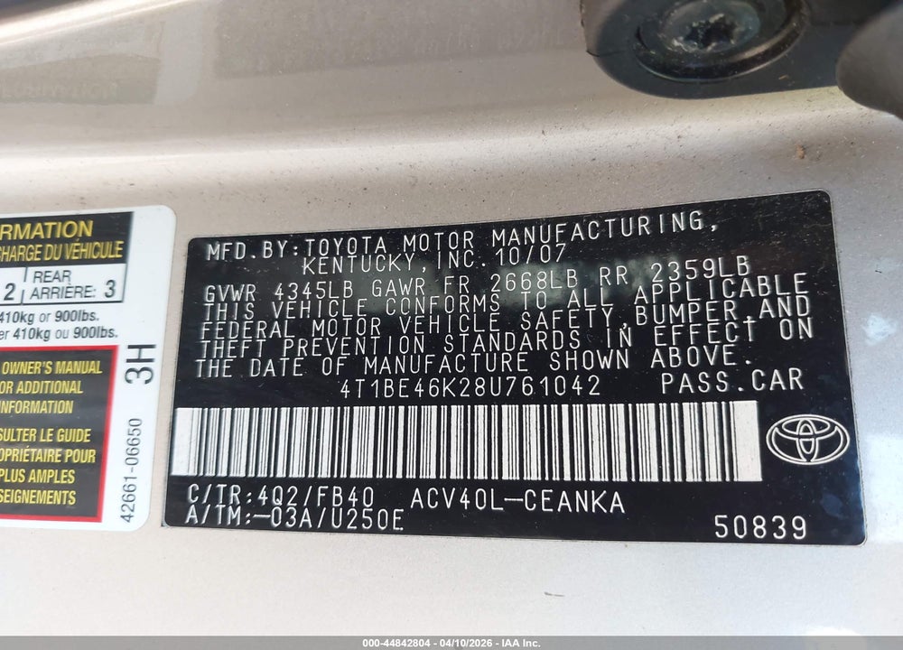 2008 TOYOTA CAMRY LE VIN: 4T1BE46K28U761042