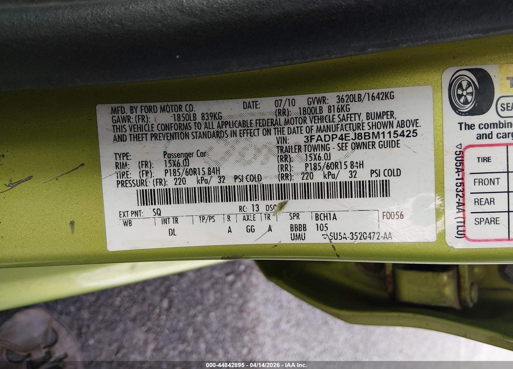 2011 FORD FIESTA SE VIN: 3FADP4EJ8BM115425