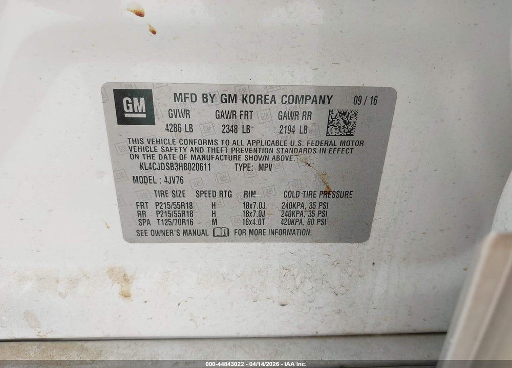 2017 BUICK ENCORE PREMIUM VIN: KL4CJDSB3HB020611
