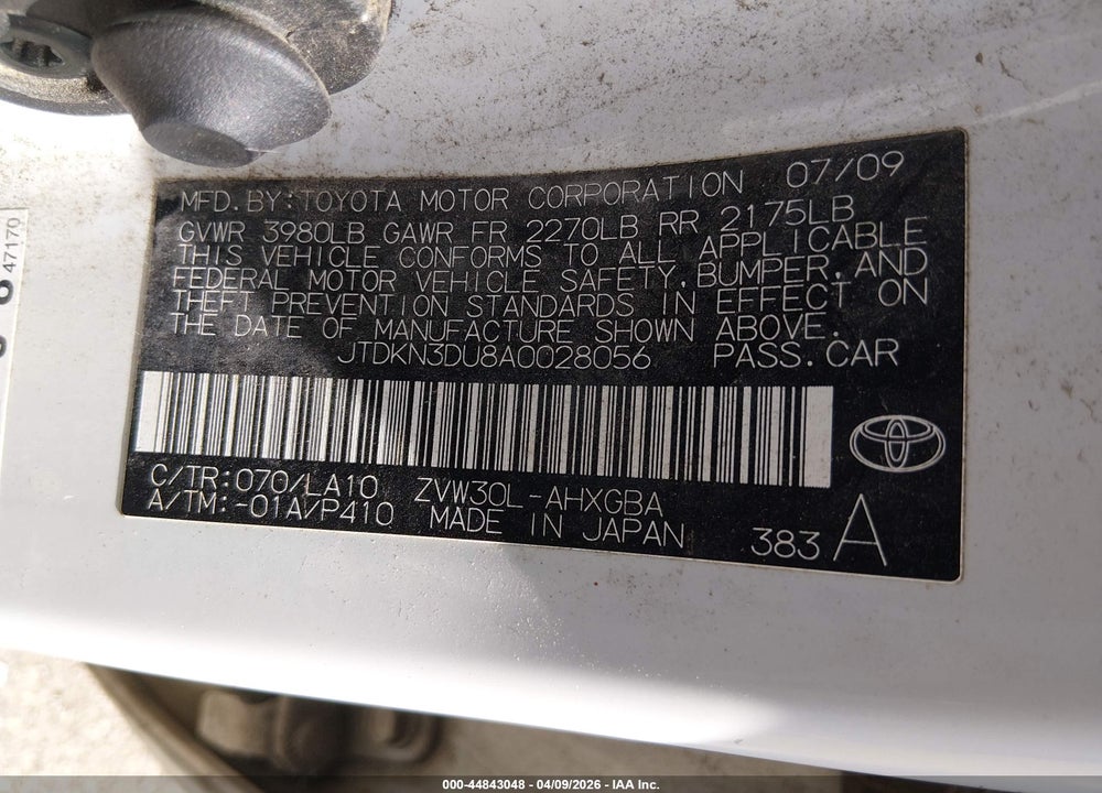 2010 TOYOTA PRIUS IV VIN: JTDKN3DU8A0028056