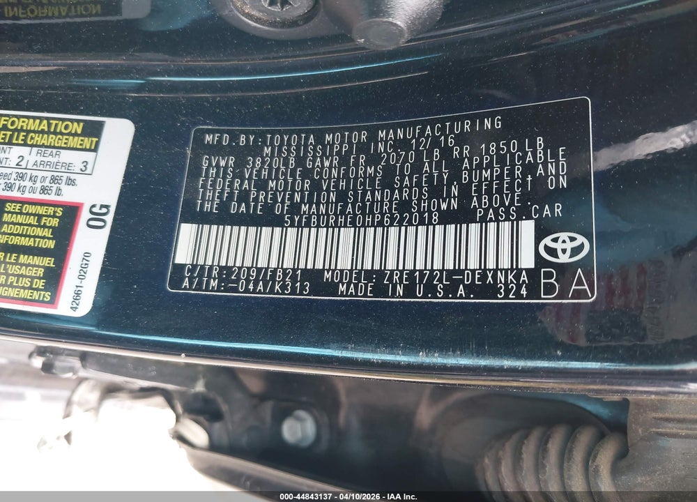 2017 TOYOTA COROLLA LE VIN: 5YFBURHE0HP622018