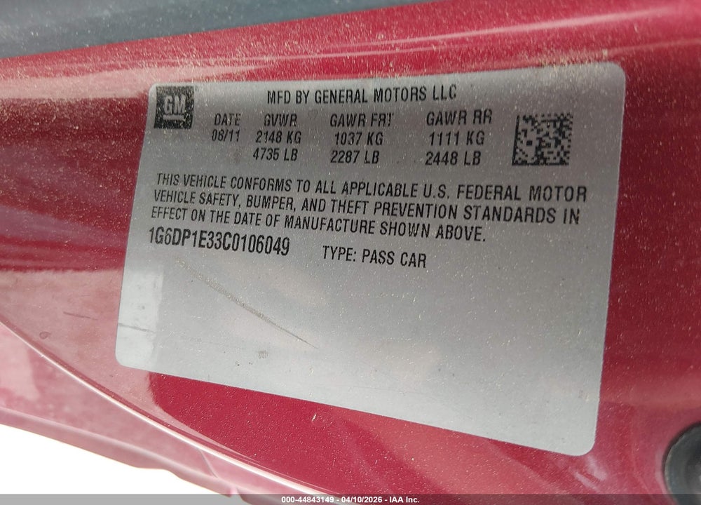 2012 CADILLAC CTS PREMIUM VIN: 1G6DP1E33C0106049