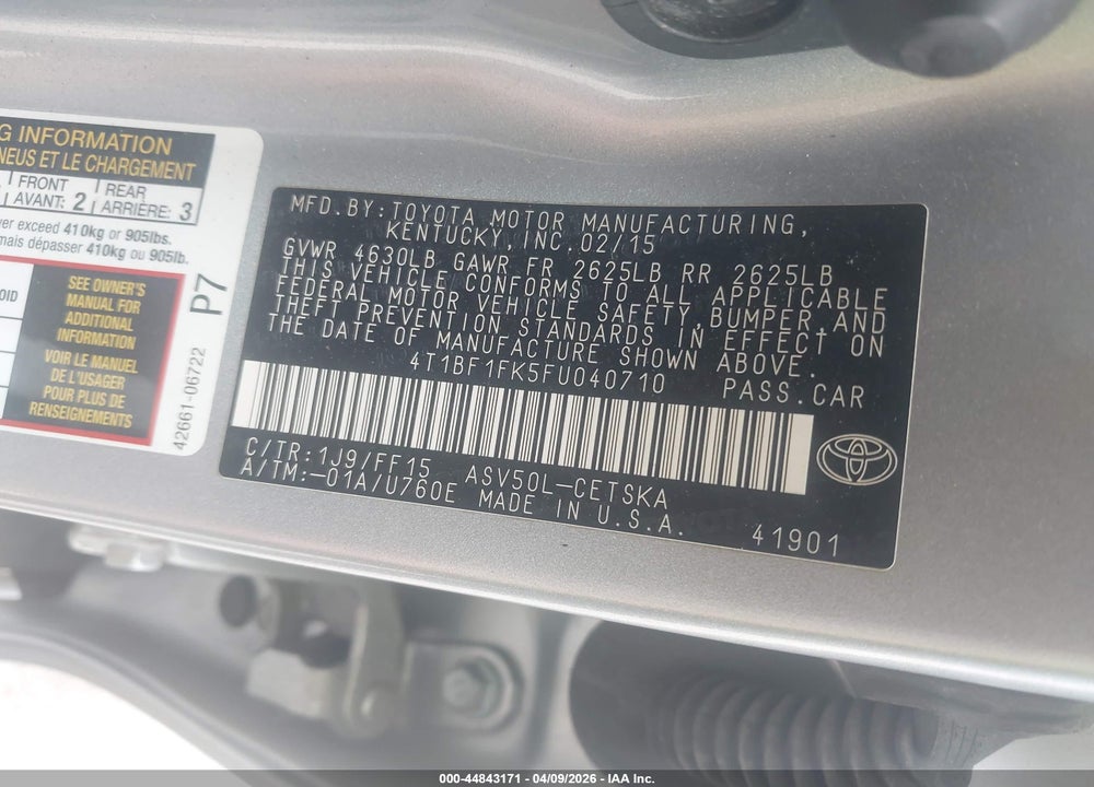 2015 TOYOTA CAMRY SE VIN: 4T1BF1FK5FU040710