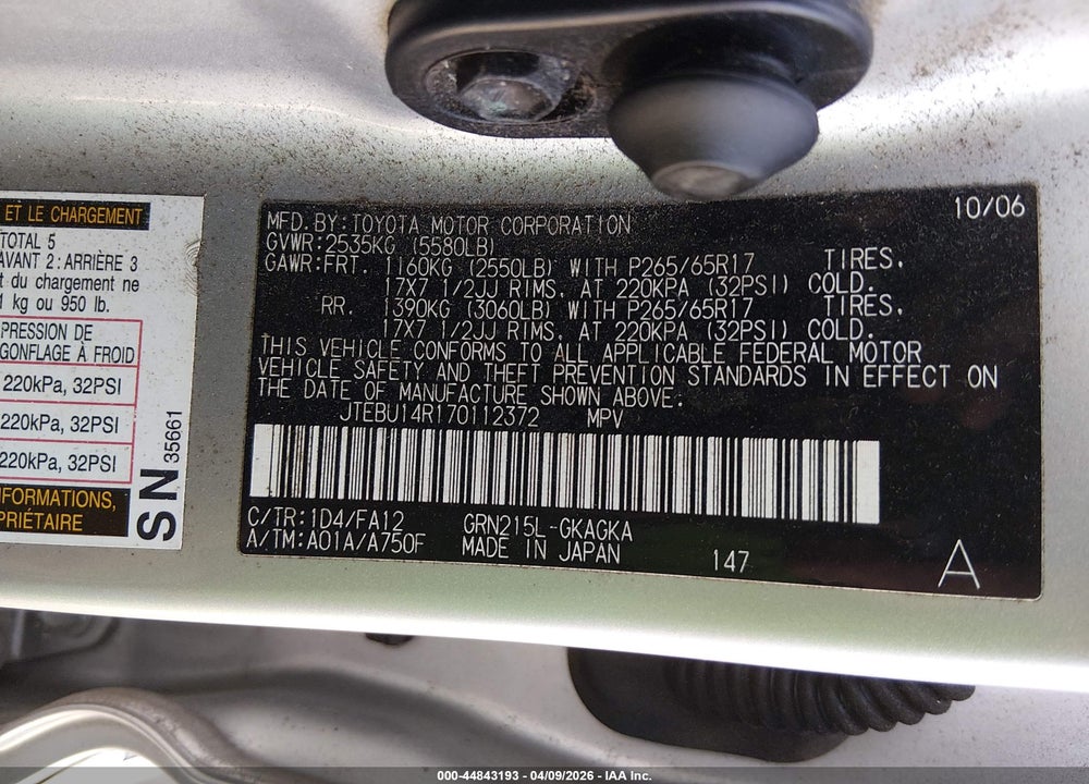 2007 TOYOTA 4RUNNER SR5 V6 VIN: JTEBU14R170112372