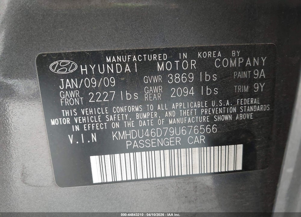 2009 HYUNDAI ELANTRA GLS VIN: KMHDU46D79U676566