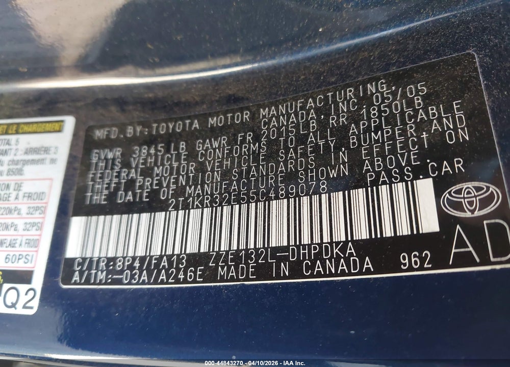 2005 TOYOTA MATRIX VIN: 2T1KR32E55C489078