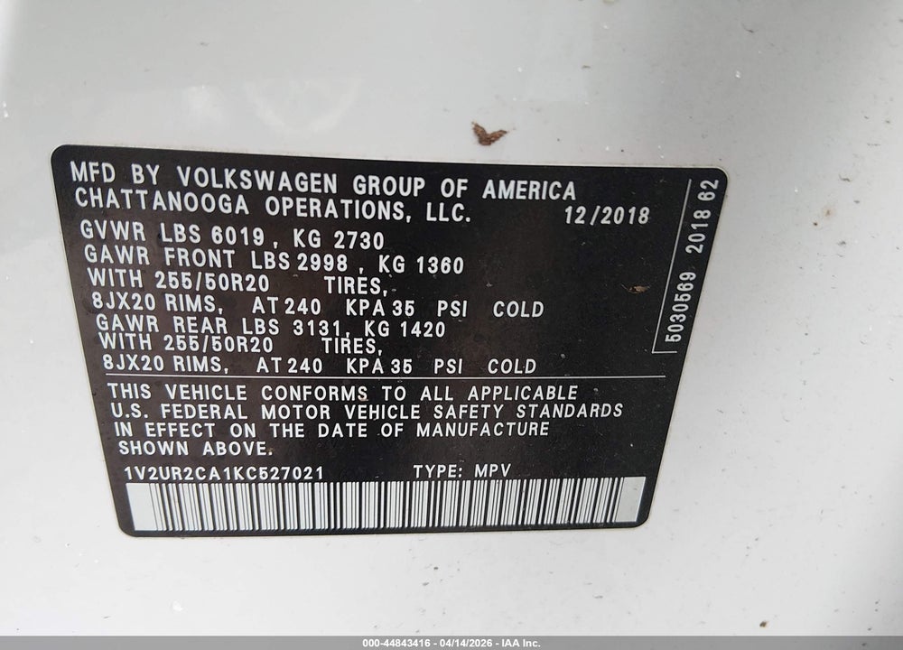 2019 VOLKSWAGEN ATLAS 3.6L V6 SE W/TECHNOLOGY VIN: 1V2UR2CA1KC527021