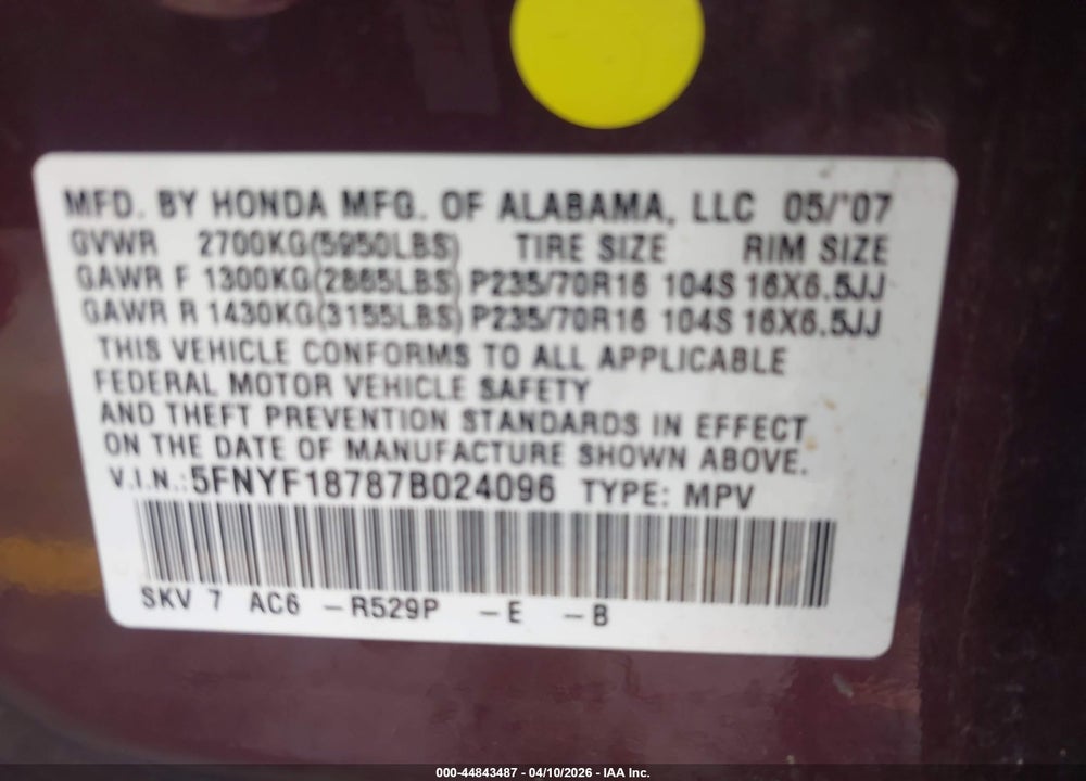 2007 HONDA PILOT EX-L VIN: 5FNYF18787B024096