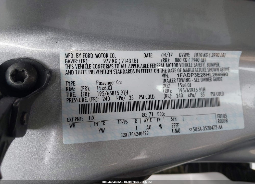 2017 FORD FOCUS S VIN: 1FADP3E28HL266990