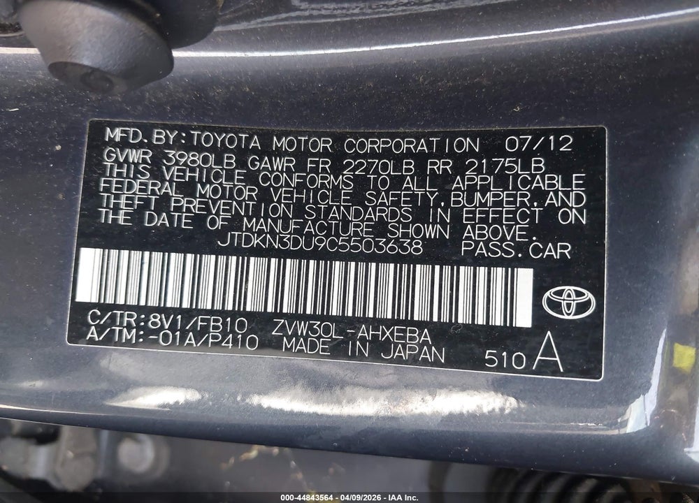 2012 TOYOTA PRIUS TWO VIN: JTDKN3DU9C5503638