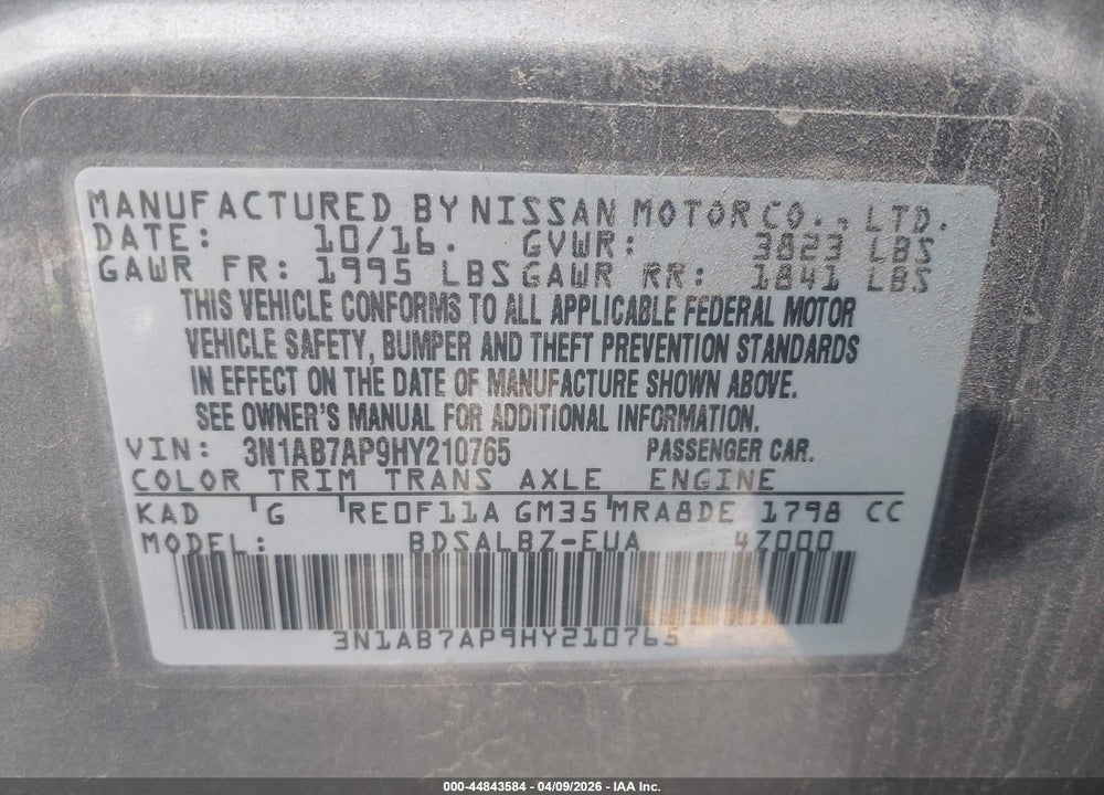 2017 NISSAN SENTRA S VIN: 3N1AB7AP9HY210765