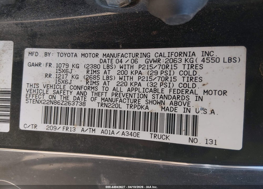2006 TOYOTA TACOMA VIN: 5TENX22N86Z263738