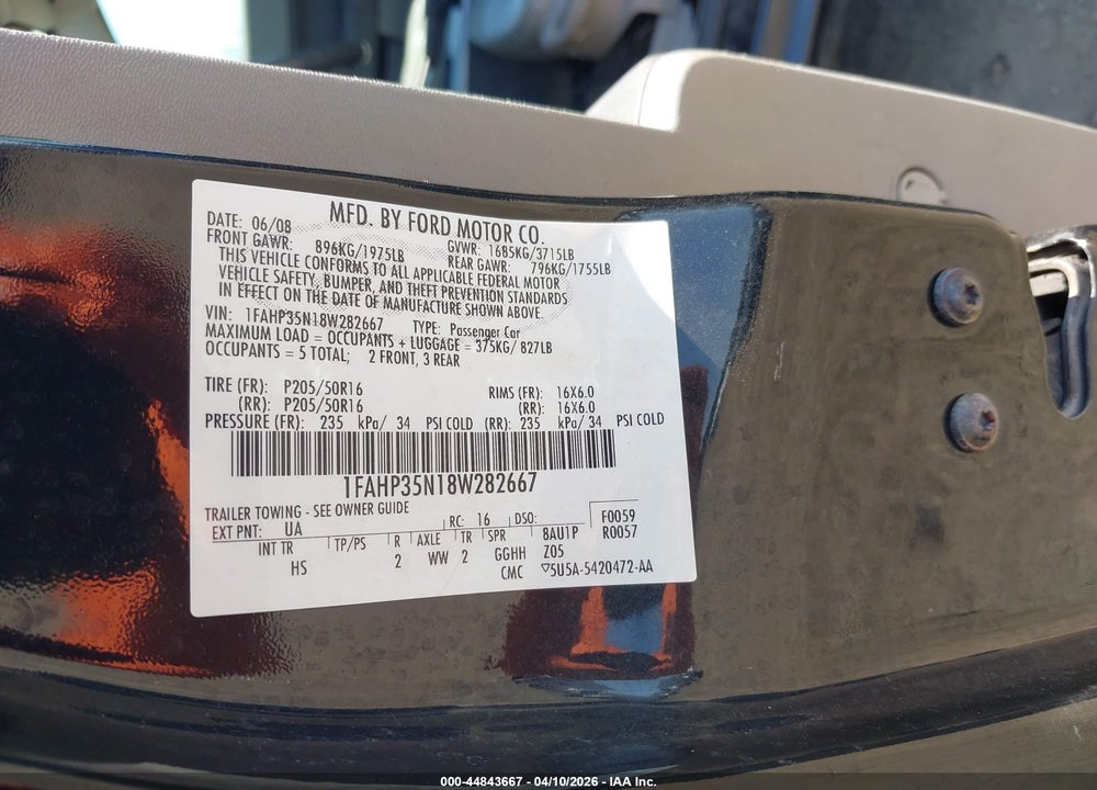 2008 FORD FOCUS SE/SES VIN: 1FAHP35N18W282667