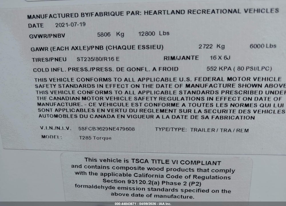 2022 HEARTLAND TORQUE T285 VIN: 5SFCB3629NE479608